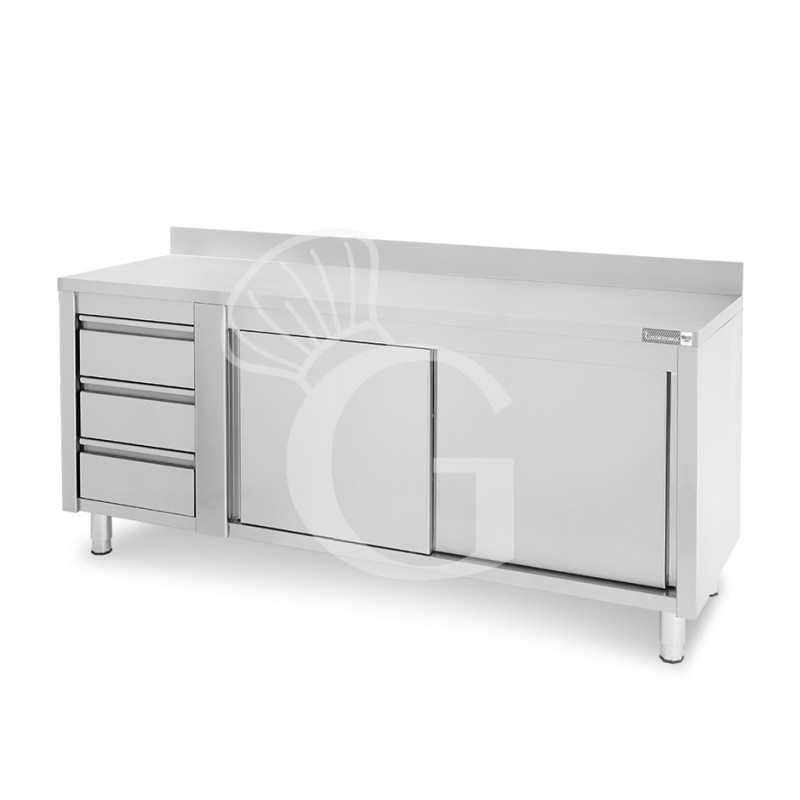 Mesa mural de acero con peto – puertas correderas - 3 cajones a la izquierda - L2000 x P600 x H950mm