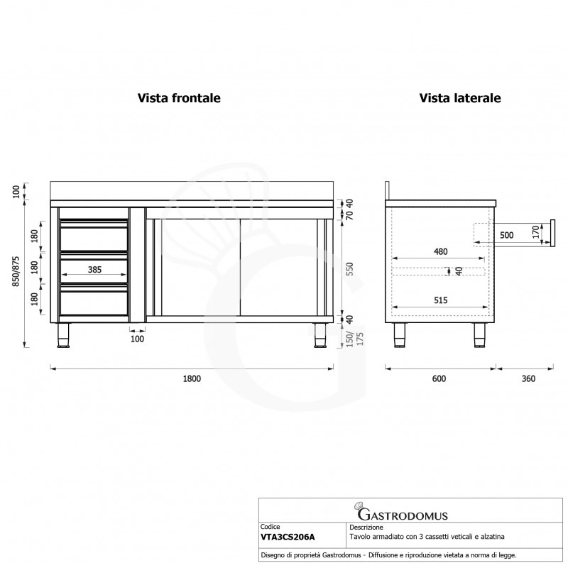 Mesa mural de acero con peto – puertas correderas - 3 cajones a la izquierda - L2000 x P600 x H950mm