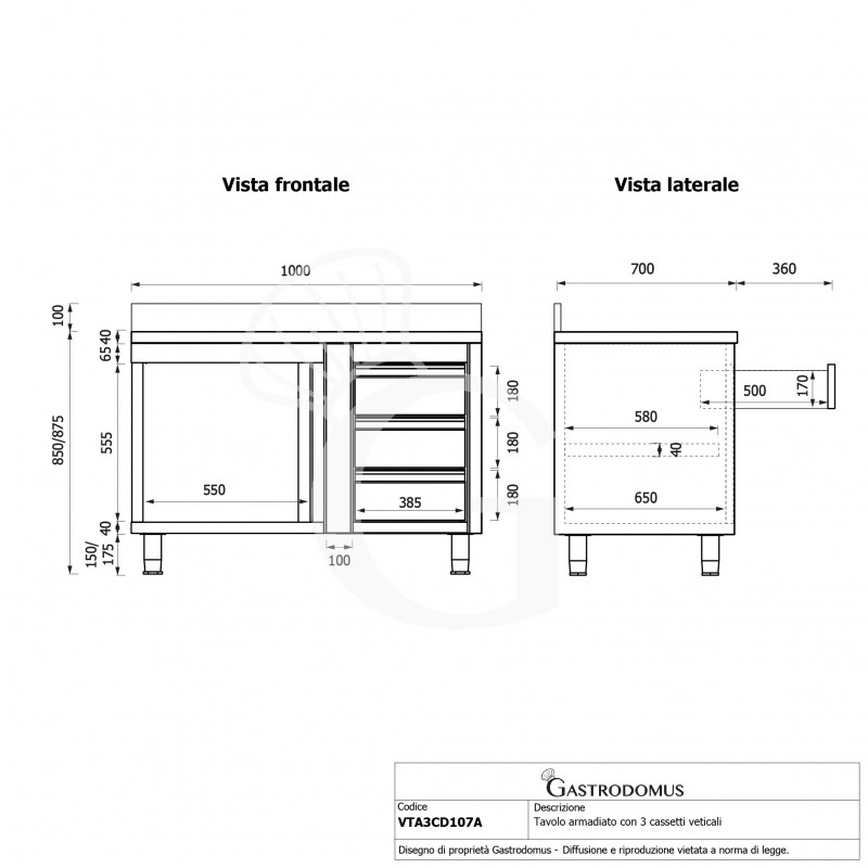Mesa mural de acero con peto - 1 puerta batiente - 3 cajones a la derecha - L1000 x P700 x H950mm