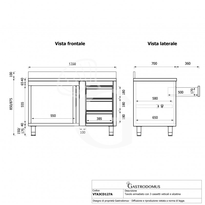 Mesa mural de acero con peto - 1 puerta batiente - 3 cajones a la derecha - L1200 x P700 x H950mm