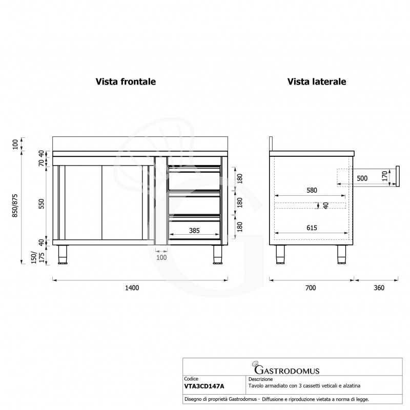 Mesa mural de acero con peto - puerta correderas - 3 cajones a la derecha - L1400 x P700 x H950mm