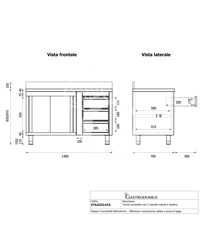 Mesa mural de acero con peto - puerta correderas - 3 cajones a la derecha - L1400 x P700 x H950mm