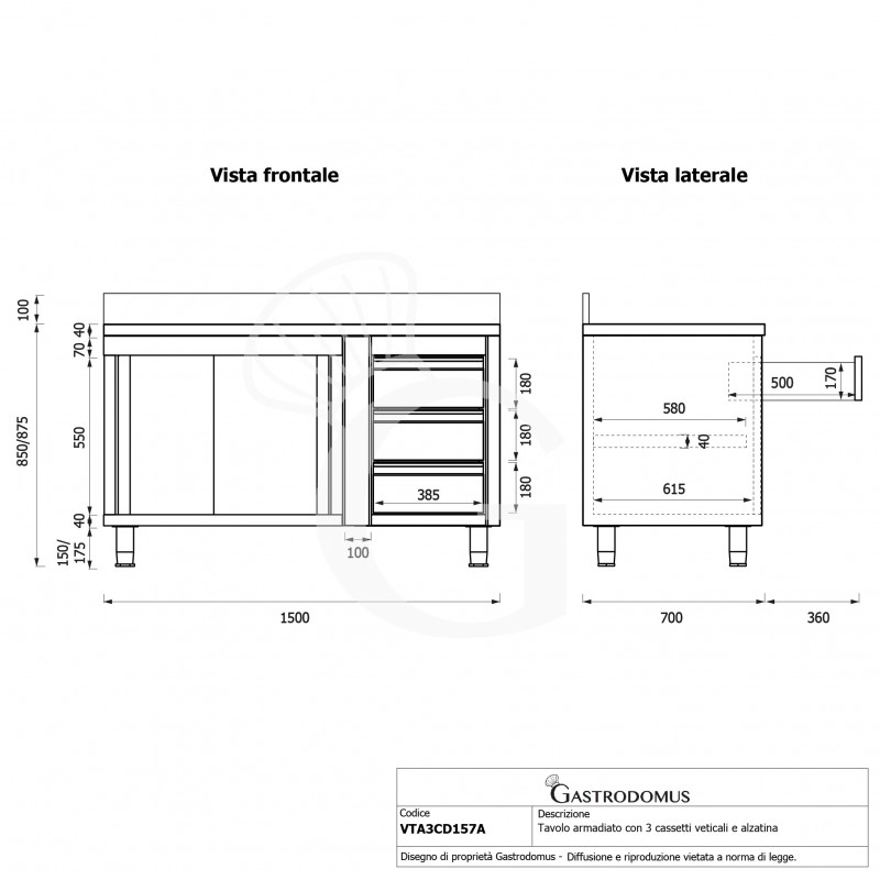 Mesa mural de acero con peto - 2 puertas correderas - 3 cajones a la derecha - L1500 x P700 x H950mm