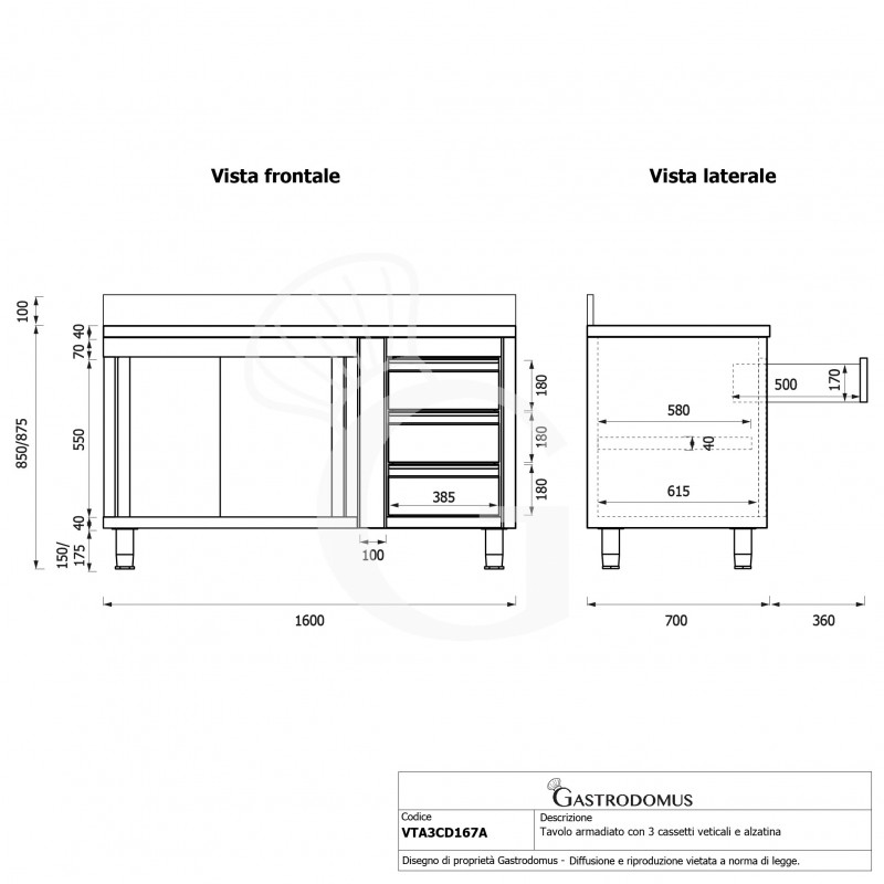 Mesa mural de acero con peto – puertas correderas - 3 cajones a la derecha - L1600 x P700 x H950mm
