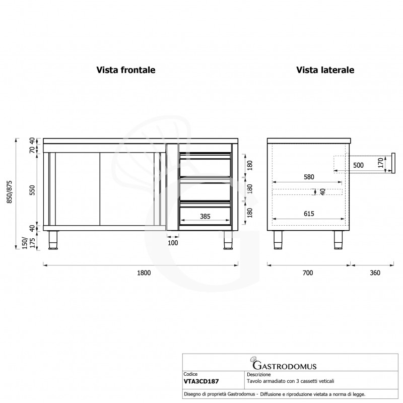 Mesa mural de acero – puertas correderas - 3 cajones a la derecha - L1800 x P700 x H850mm