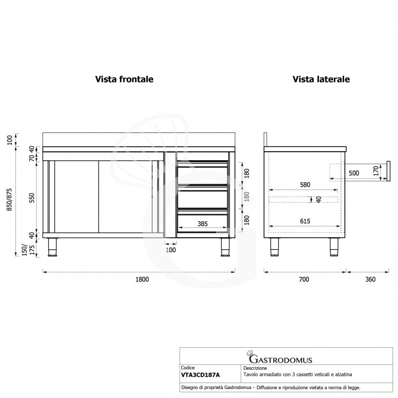 Mesa mural de acero con peto -puertas correderas - 3 cajones a la derecha - L1800 x P700 x H950mm