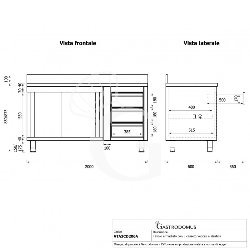 Mesa mural de acero con peto - puertas correderas - 3 cajones a la derecha - L2000 x P600 x H950mm