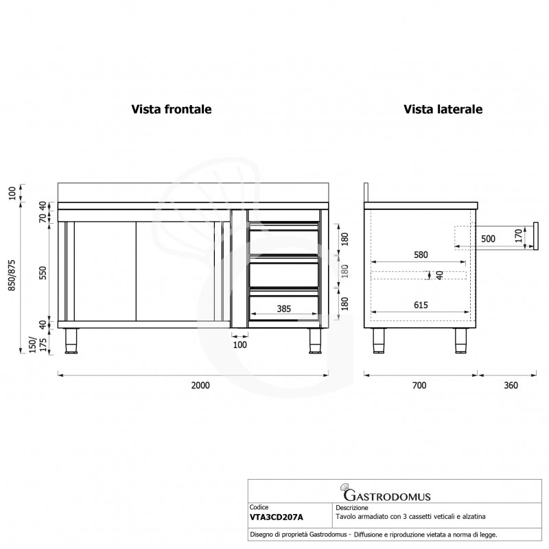Mesa mural de acero con peto - puertas correderas - 3 cajones a la derecha - L2000 x P700 x H950mm