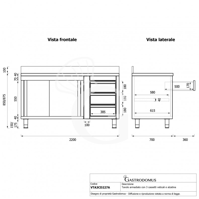 Mesa mural de acero con peto - puertas correderas - 3 cajones a la derecha - L2200 x P700 x H950mm