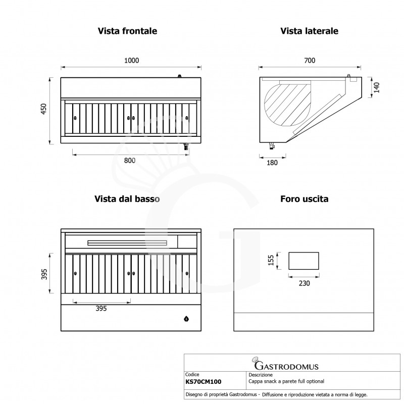 Campana snack de pared con motor full optional, medidas 1000 × 700 × 450 mm