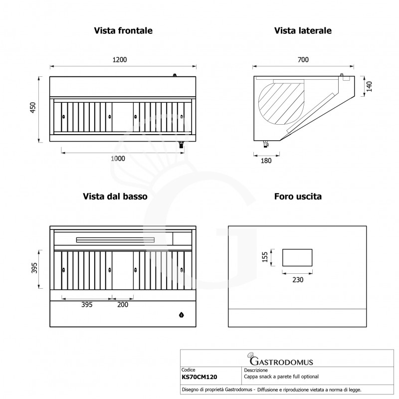 copy of Cappa Kubica a parete full optional con motore L1200xP900xH450mm