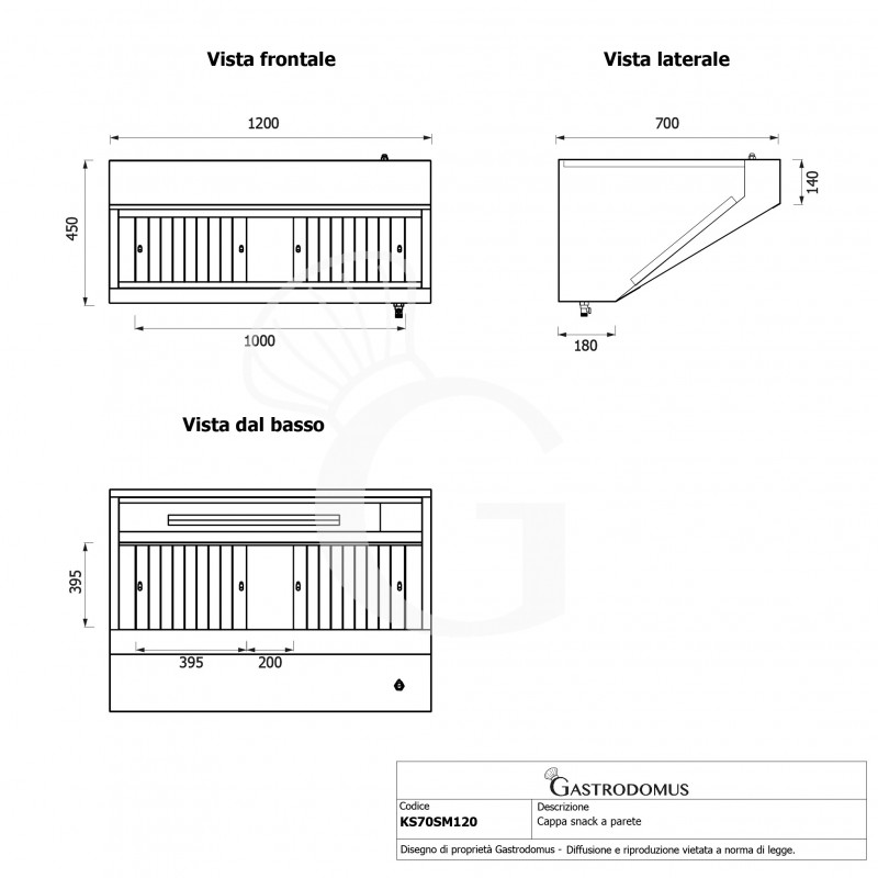 Campana mural snack sin motor, L1200 × P700 × H450 mm