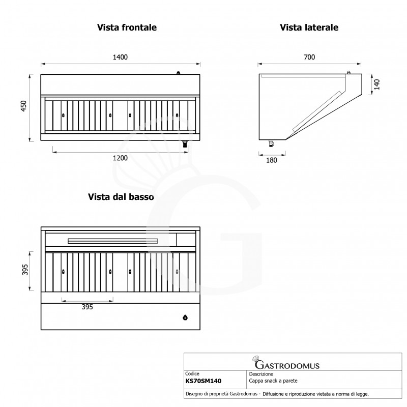 Campana mural snack sin motor, L1400 × P700 × H450 mm