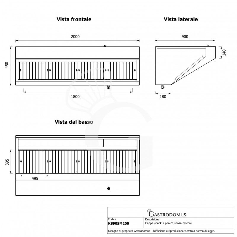 Campana mural snack sin motor, L2000 × P900 × H450 mm