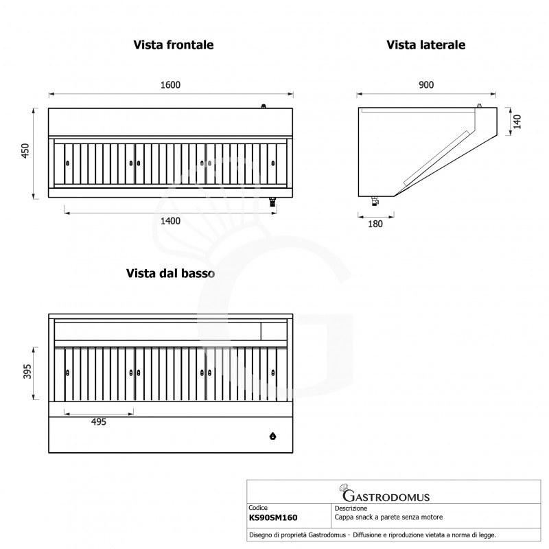 Campana mural snack sin motor, L1600 × P900 × H450 mm