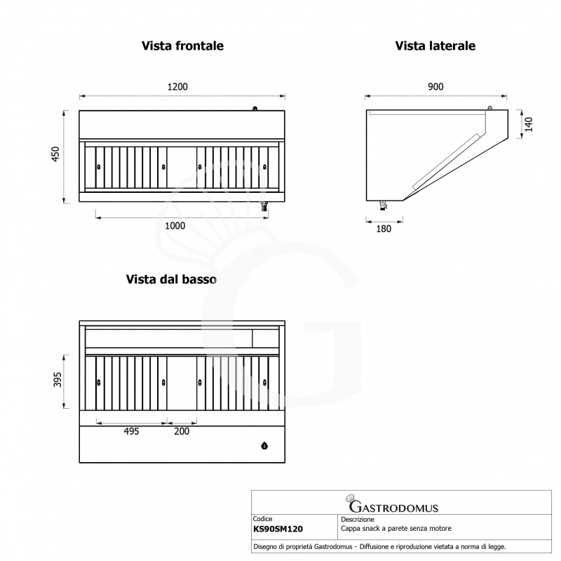 Campana mural snack sin motor, L1200 × P900 × H450 mm
