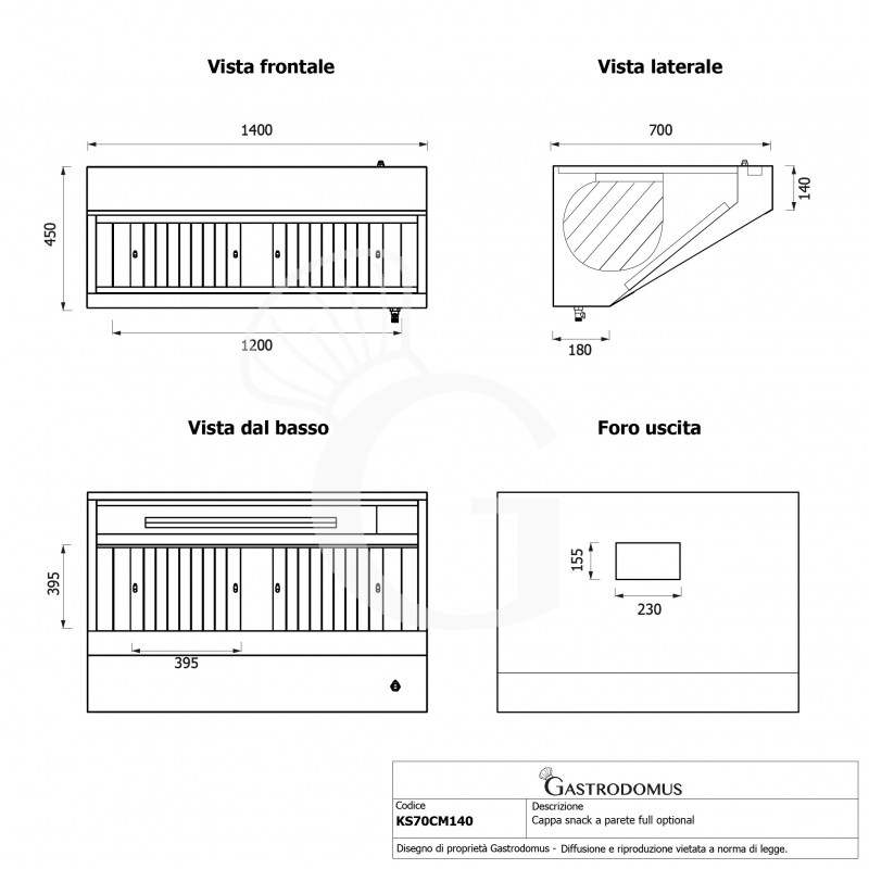 Campana mural snack con motor full optional, L1400 × P700 × H450 mm