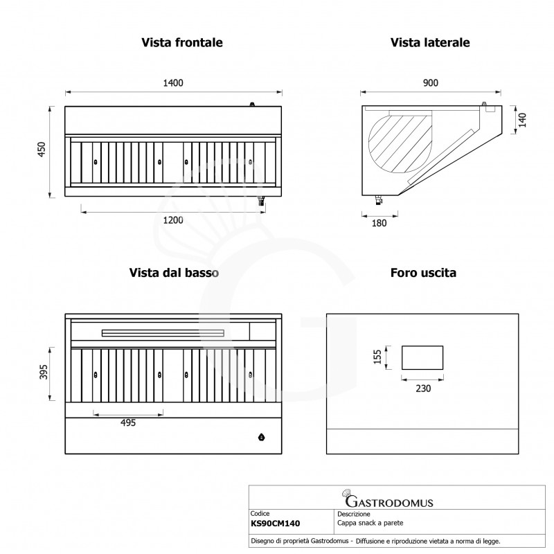 Campana mural snack con motor full optional, L1400 × P900 × H450 mm