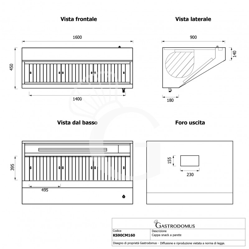 Campana mural snack con motor full optional, L1600 × P900 × H450 mm
