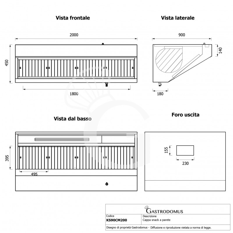 Campana mural snack con motor full optional, L2000 × P900 × H450 mm