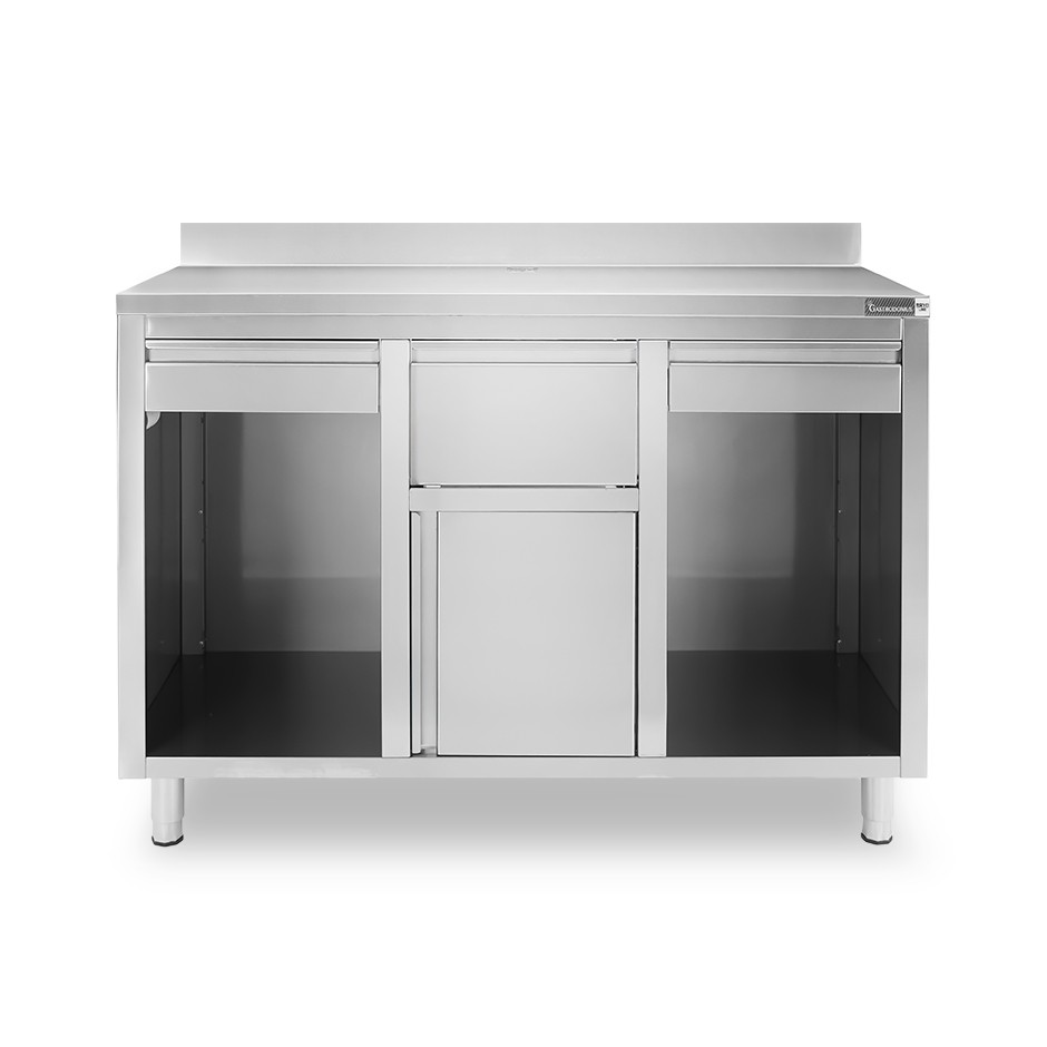 Contrabarra bar para máquina de café con cajones, tolva y encimera de acero inoxidable con peto – L 1500 x P 600 x H 1150 mm