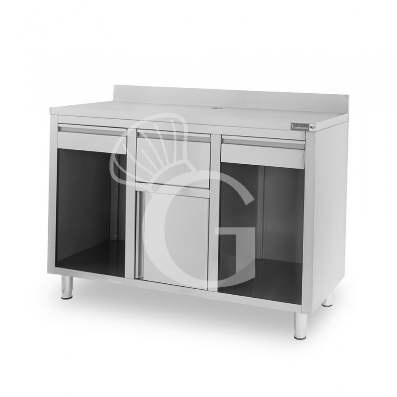 Contrabarra bar para máquina de café con cajones, tolva y encimera de acero inoxidable con peto – L 1500 x P 600 x H 1150 mm