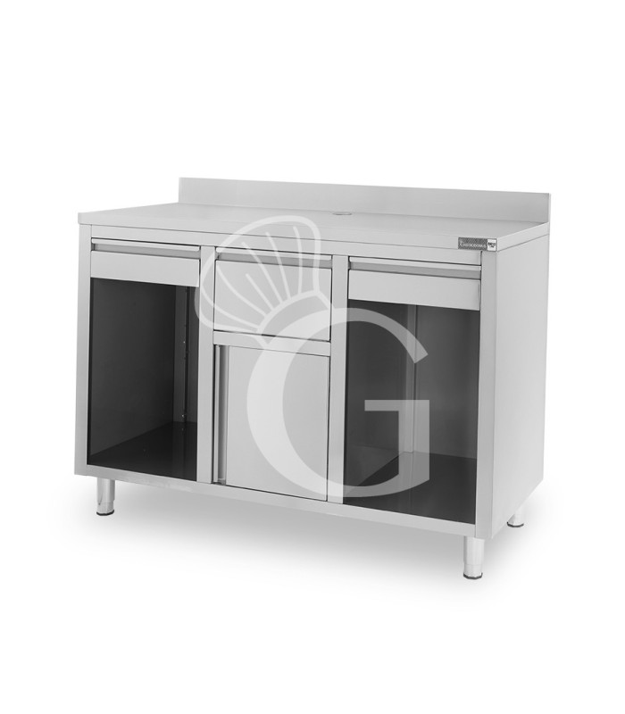Mueble bar para cafetera con cajones, tolva recogeposos y encimera inox con peto – 1500 × 600 × 1150 mm