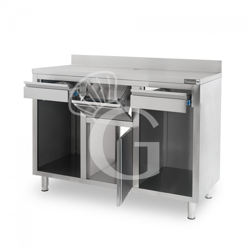 Contrabarra bar para máquina de café con cajones, tolva y encimera de acero inoxidable con peto – L 1500 x P 600 x H 1150 mm