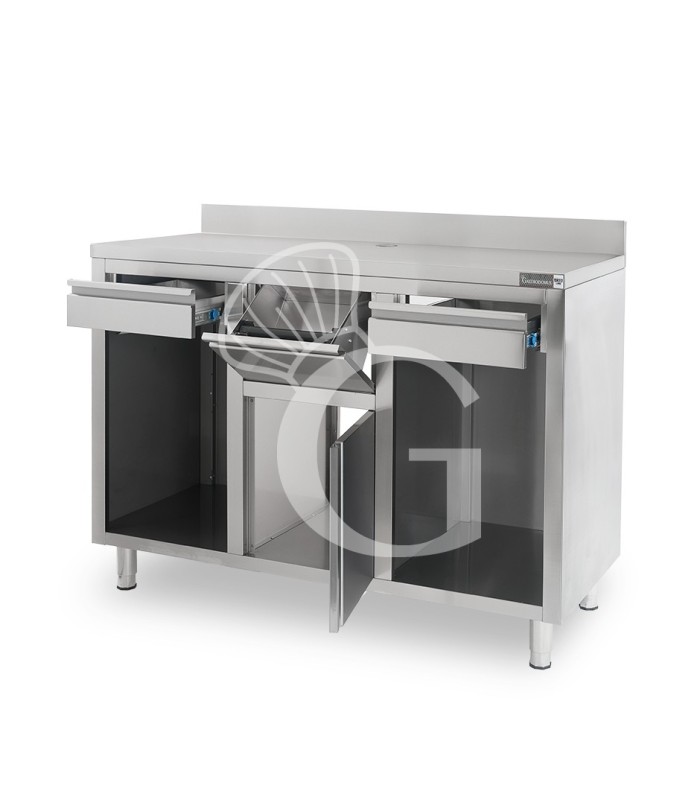 Mueble bar para cafetera con cajones, tolva recogeposos y encimera inox con peto – 1500 × 600 × 1150 mm