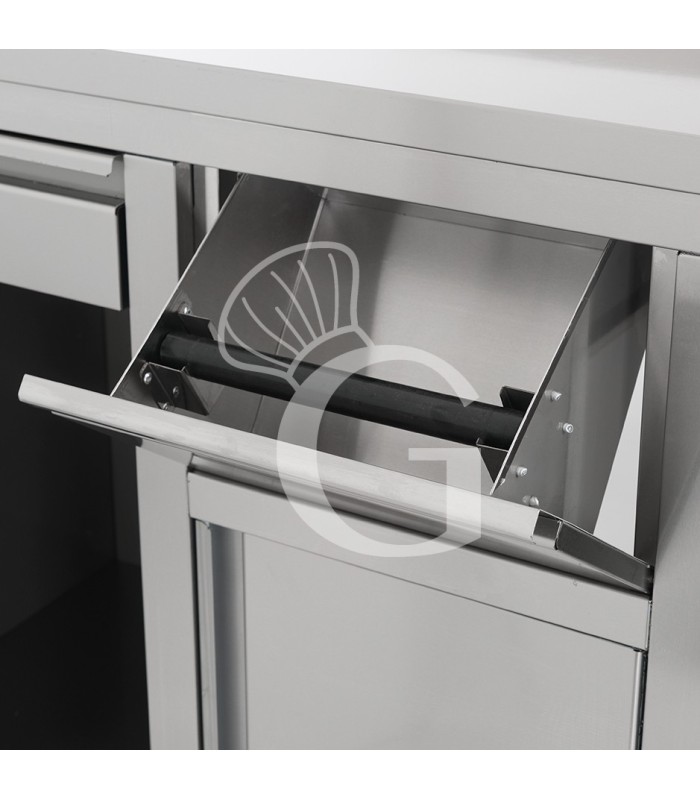 Mueble bar para cafetera con cajones, tolva recogeposos y encimera inox con peto – 1500 × 600 × 1150 mm