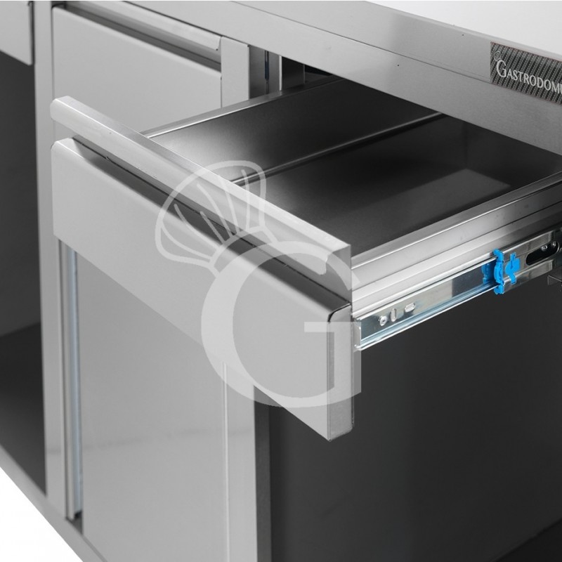 Contrabarra bar para máquina de café con cajones, tolva y encimera de acero inoxidable con peto – L 1500 x P 600 x H 1150 mm