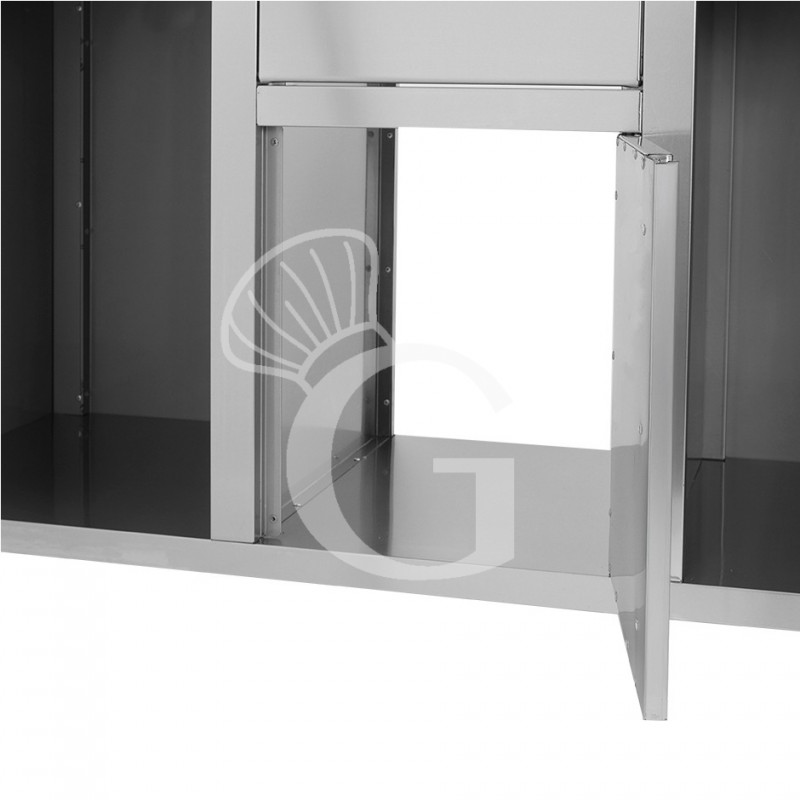 Contrabarra bar para máquina de café con cajones, tolva y encimera de acero inoxidable con peto – L 1500 x P 600 x H 1150 mm