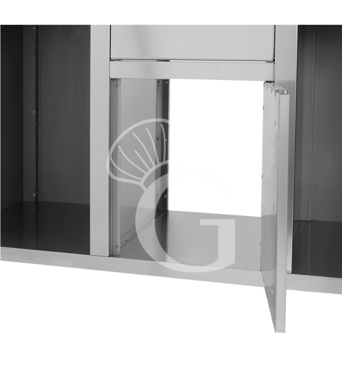 Mueble bar para cafetera con cajones, tolva recogeposos y encimera inox con peto – 1500 × 600 × 1150 mm