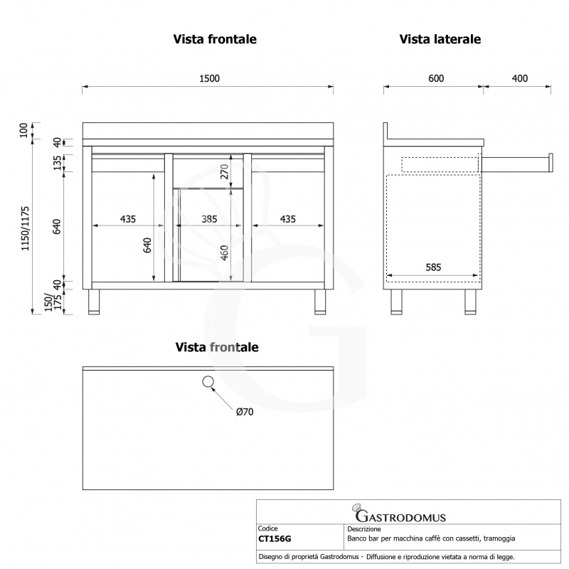 Contrabarra bar para máquina de café con cajones, tolva y encimera de acero inoxidable con peto – L 1500 x P 600 x H 1150 mm