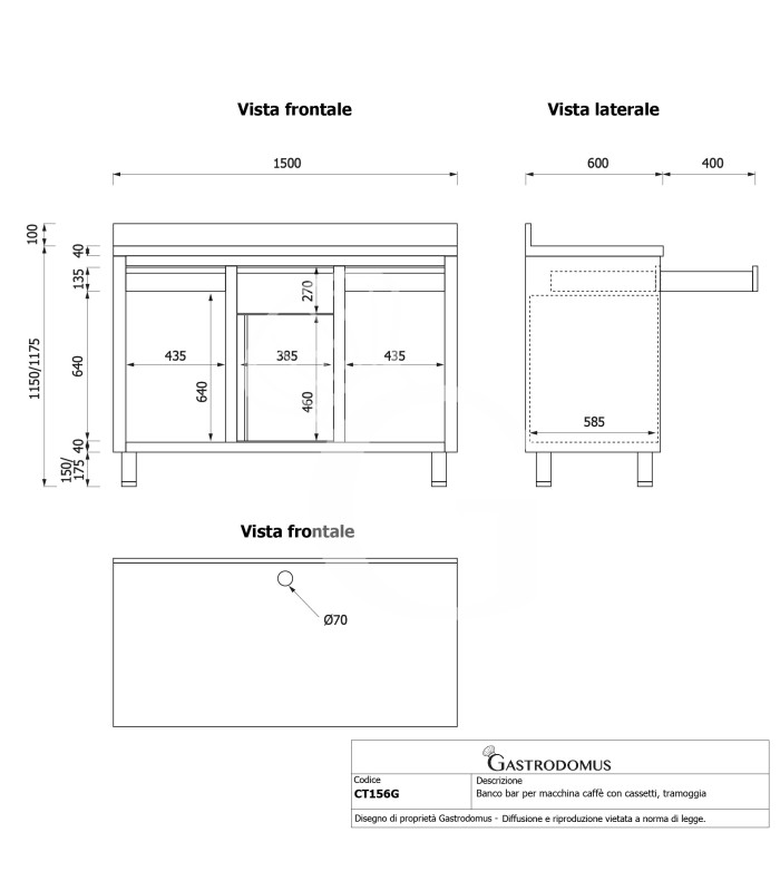 Mueble bar para cafetera con cajones, tolva recogeposos y encimera inox con peto – 1500 × 600 × 1150 mm