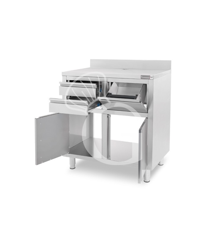 Contrabarra para máquina de café con cajones, tolva y encimera de acero inoxidable con peto trasero - L 1000 x P 600 x H 1150 mm
