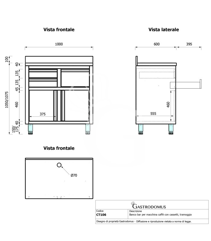 Contrabarra para máquina de café con cajones, tolva y encimera de acero inoxidable con peto trasero - L 1000 x P 600 x H 1150 mm