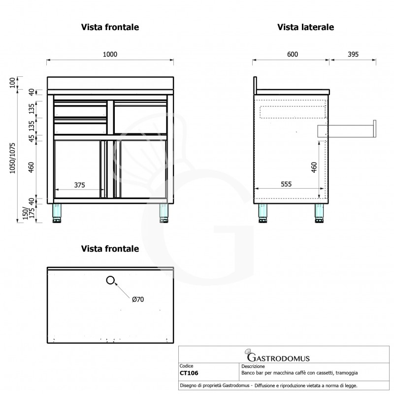 copy of Banco bar per macchina caffè con top in acciaio inox - L 1000 mm x P 550 mm x H 1140 mm