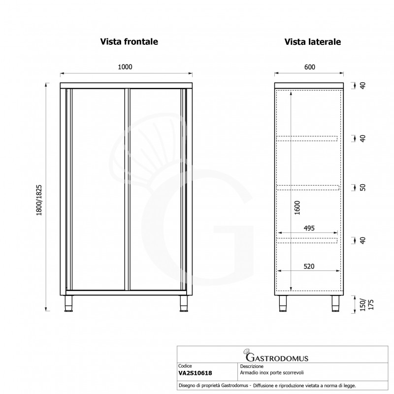 Armario de acero inoxidable con puertas correderas, 3 estantes, L 1000 x P 600 x H 1800 mm