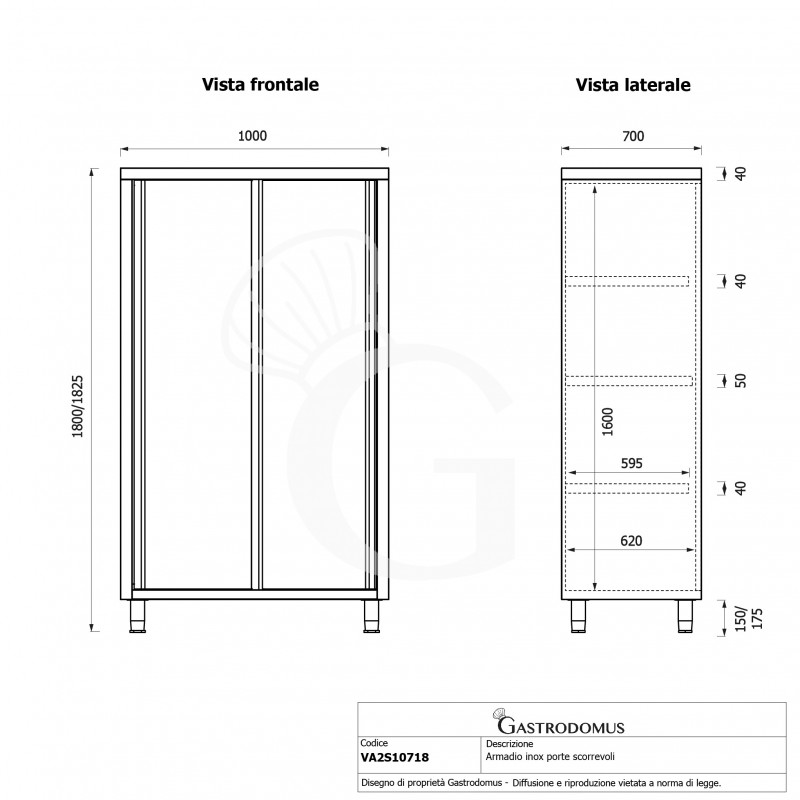 Armario de acero inoxidable con puertas correderas, 3 estantes, L 1000 x P 700 x H 1800 mm