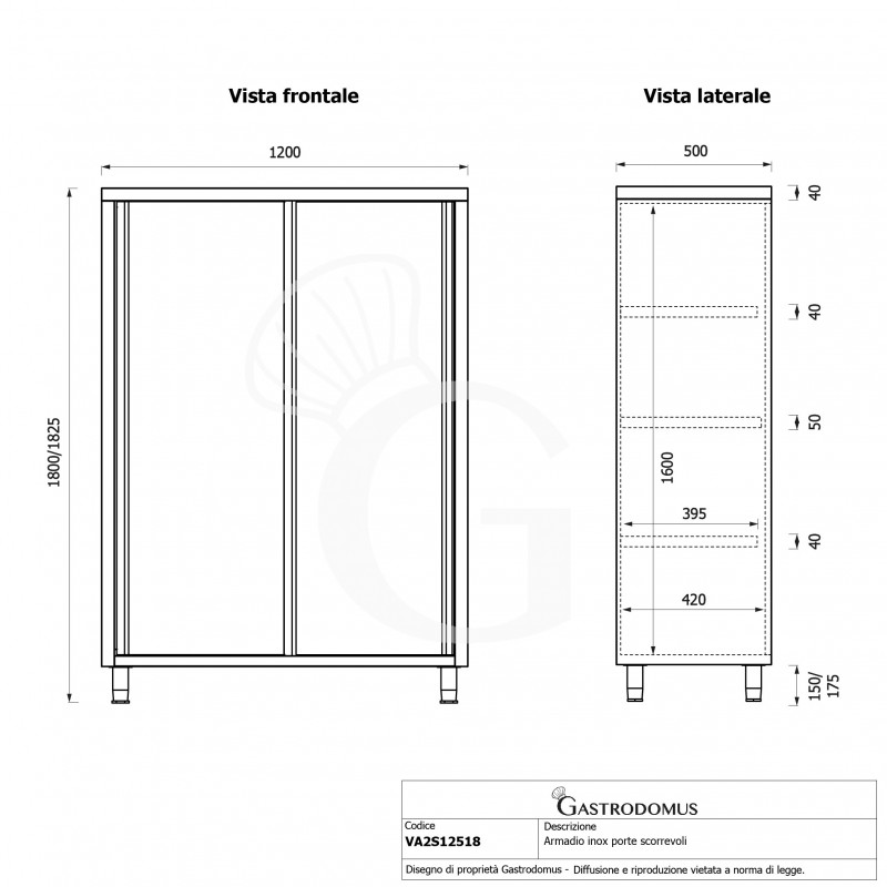 Armario de acero inoxidable con puertas correderas, 3 estantes, L 1200 x P 500 x H 1800 mm