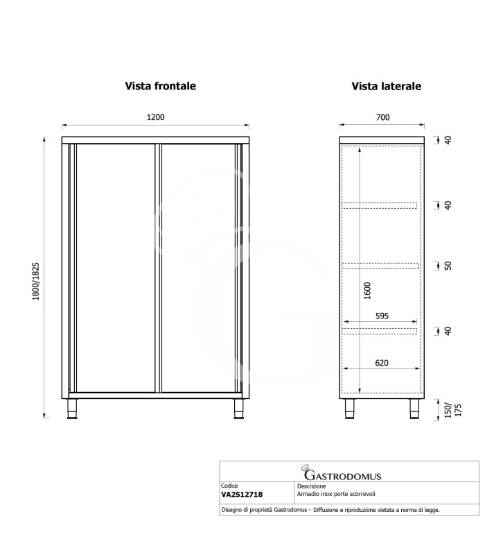 Armadio acciaio inox con 2 porte scorrevoli, 3 ripiani, L 1200 x P 700 x H 1800 mm