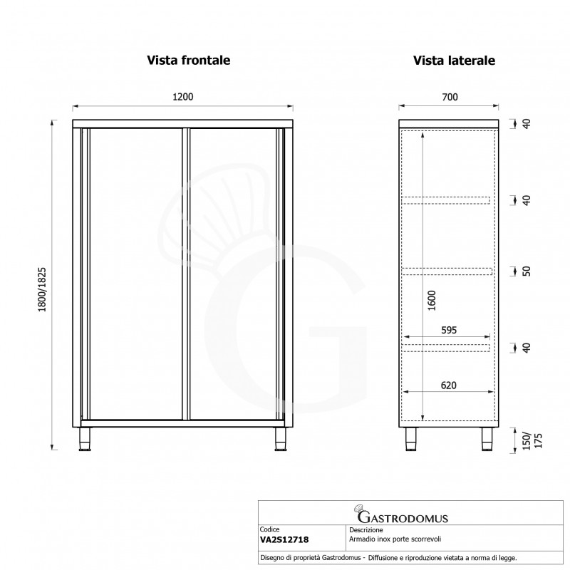 copy of Armadio acciaio inox con 2 porte scorrevoli, 3 ripiani, L 1000 x P 600 x H 1500 mm