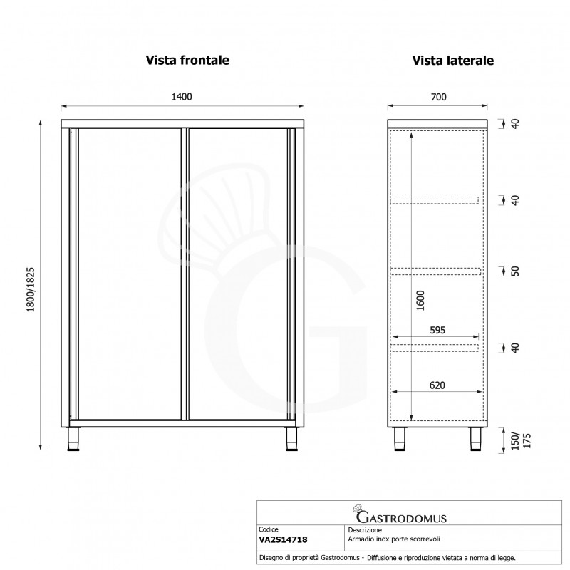 Armario de acero inoxidable con 2 puertas correderas, 3 estantes, L 1400 x P 700 x H 1800 mm.