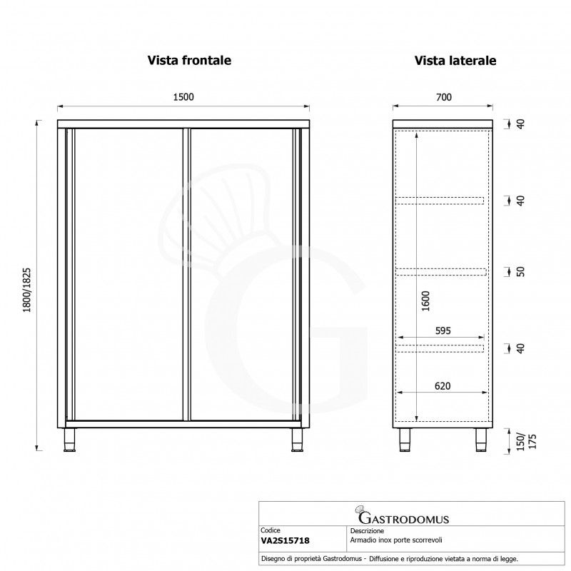 Armario de acero inoxidable con 2 puertas correderas, 3 estantes, L 1500 x P 700 x H 1800 mm.