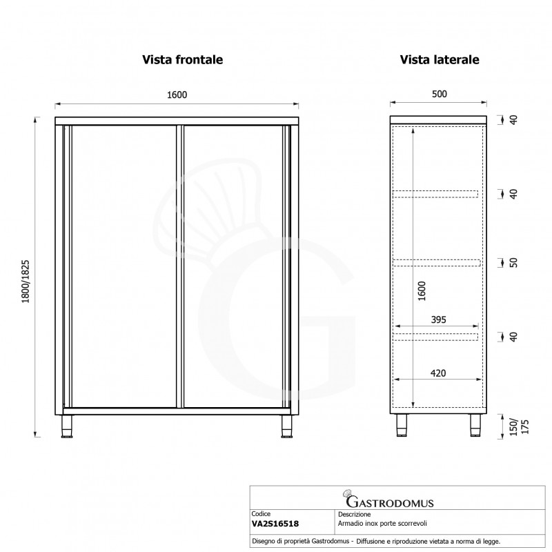 copy of Armadio acciaio inox con 2 porte scorrevoli, 3 ripiani, L 1000 x P 600 x H 1500 mm
