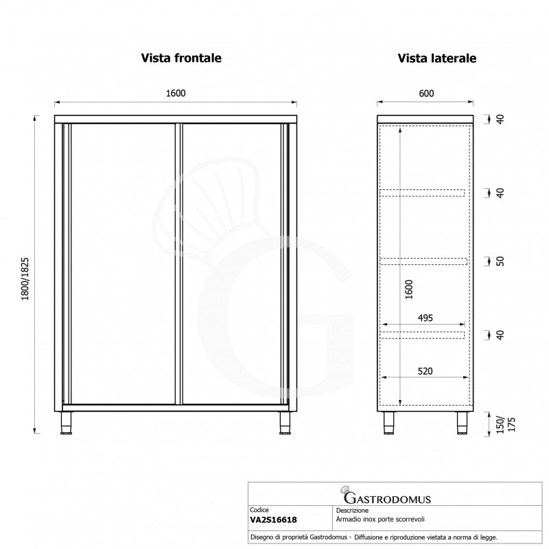 copy of Armadio acciaio inox con 2 porte scorrevoli, 3 ripiani, L 1000 x P 600 x H 1500 mm