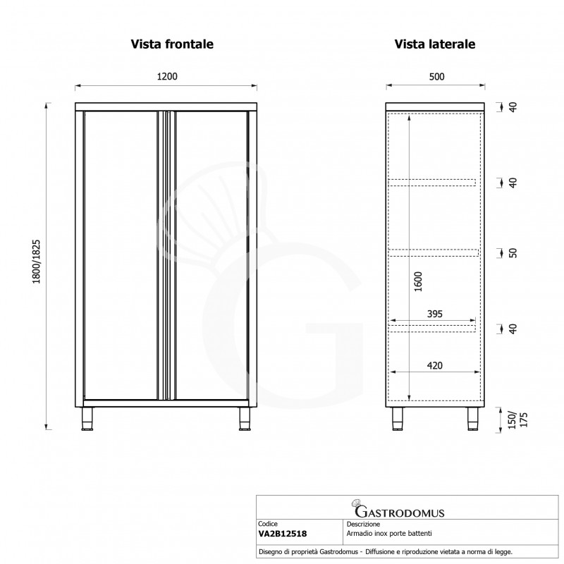 Armario de acero inoxidable con 2 puertas batientes, 3 estantes, L 1200 x P 500 x H 1800 mm
