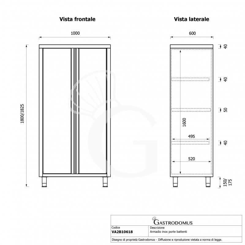 Armario de acero inoxidable con 2 puertas batientes, 3 estantes, L 1000 x P 600 x H 1800 mm