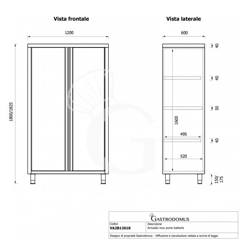 Armario de acero inoxidable con 2 puertas batientes, 3 estantes, L 1200 x P 600 x H 1800 mm